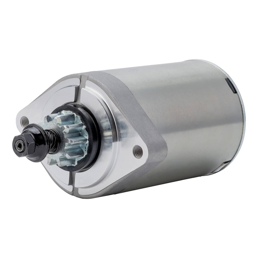 Electric starter motor with pinion gear and mounting flange, silver and black