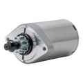 Electric starter motor with pinion gear and mounting flange, silver and black