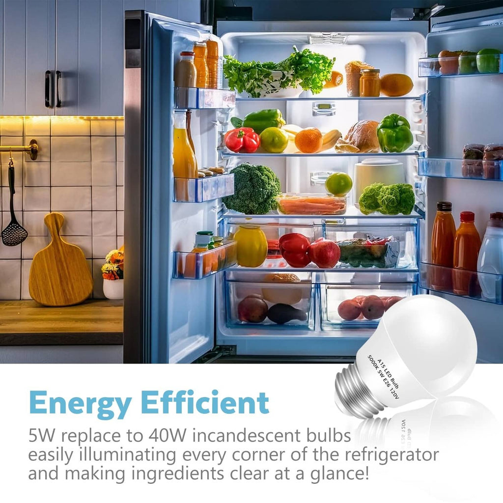 A15 LED refrigerator bulb with daylight white glow inside an open refrigerator