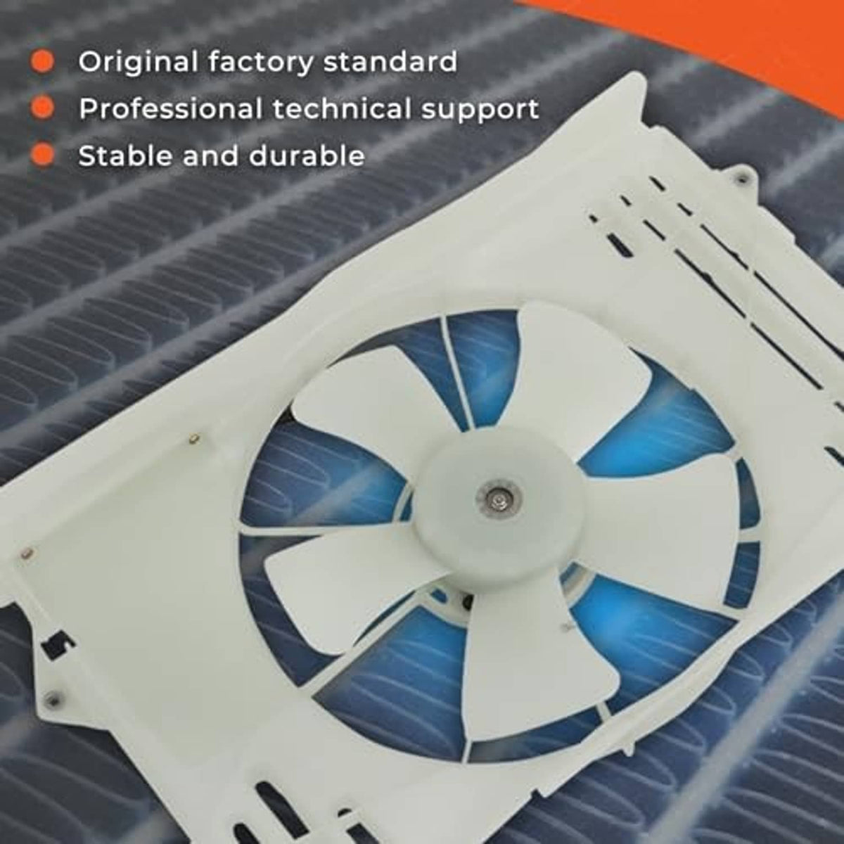 Radiator cooling fan replacement with blue-tinted fan blades and white mounting shroud