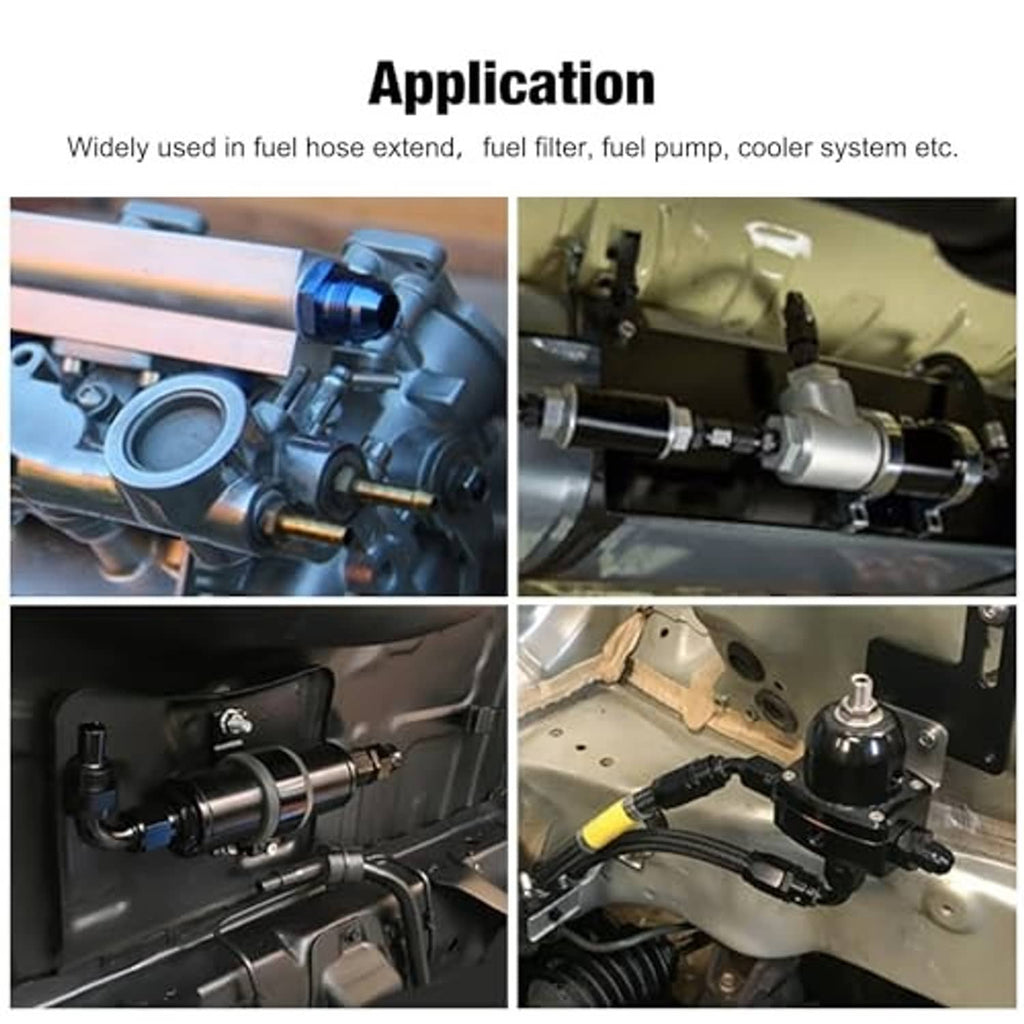 Black 10AN fuel hose adapter fitting installed on a vehicle fuel line