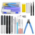 Modeler craft tool set with pliers, tweezers, files, and blades in a clear case