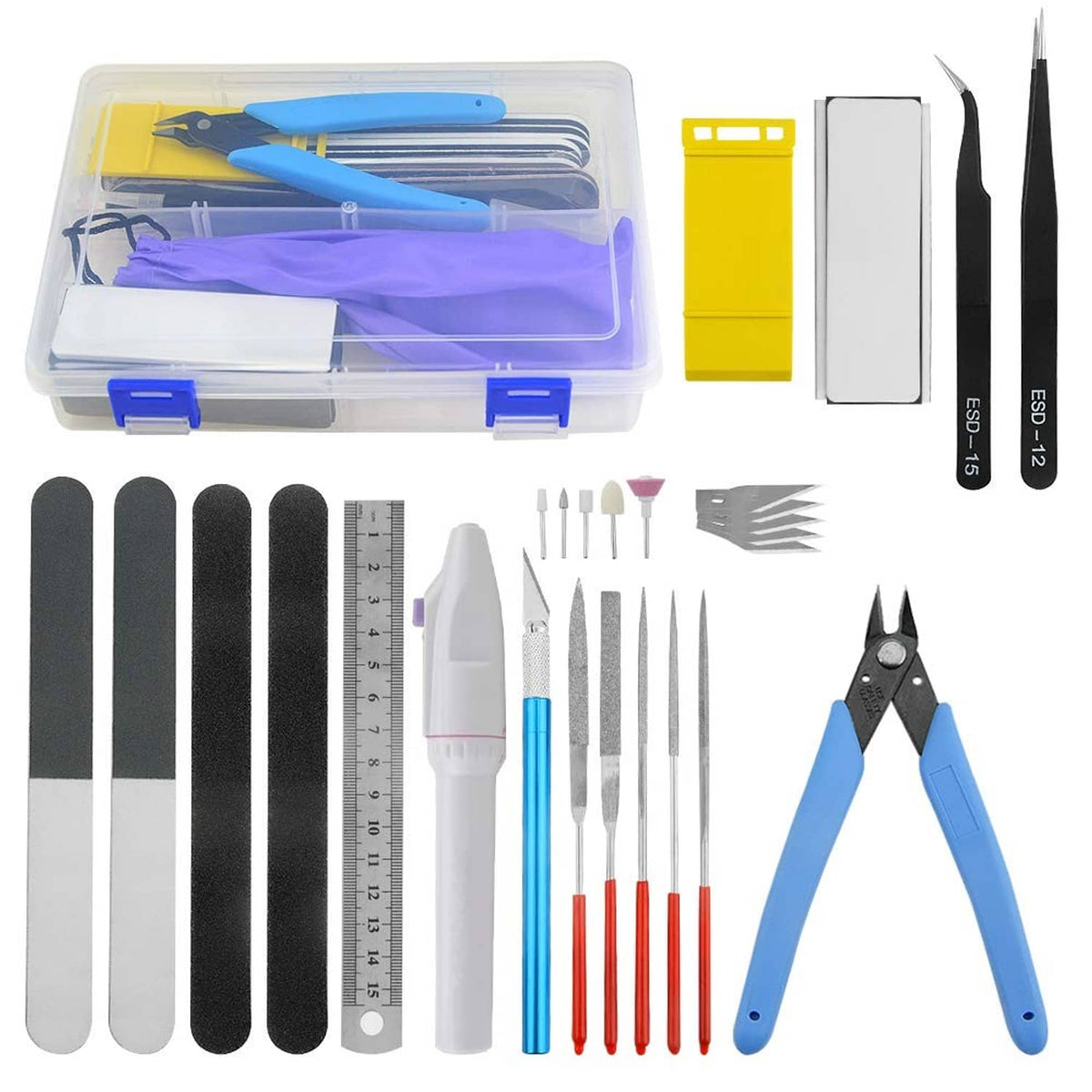 Modeler craft tool set with pliers, tweezers, files, and blades in a clear case