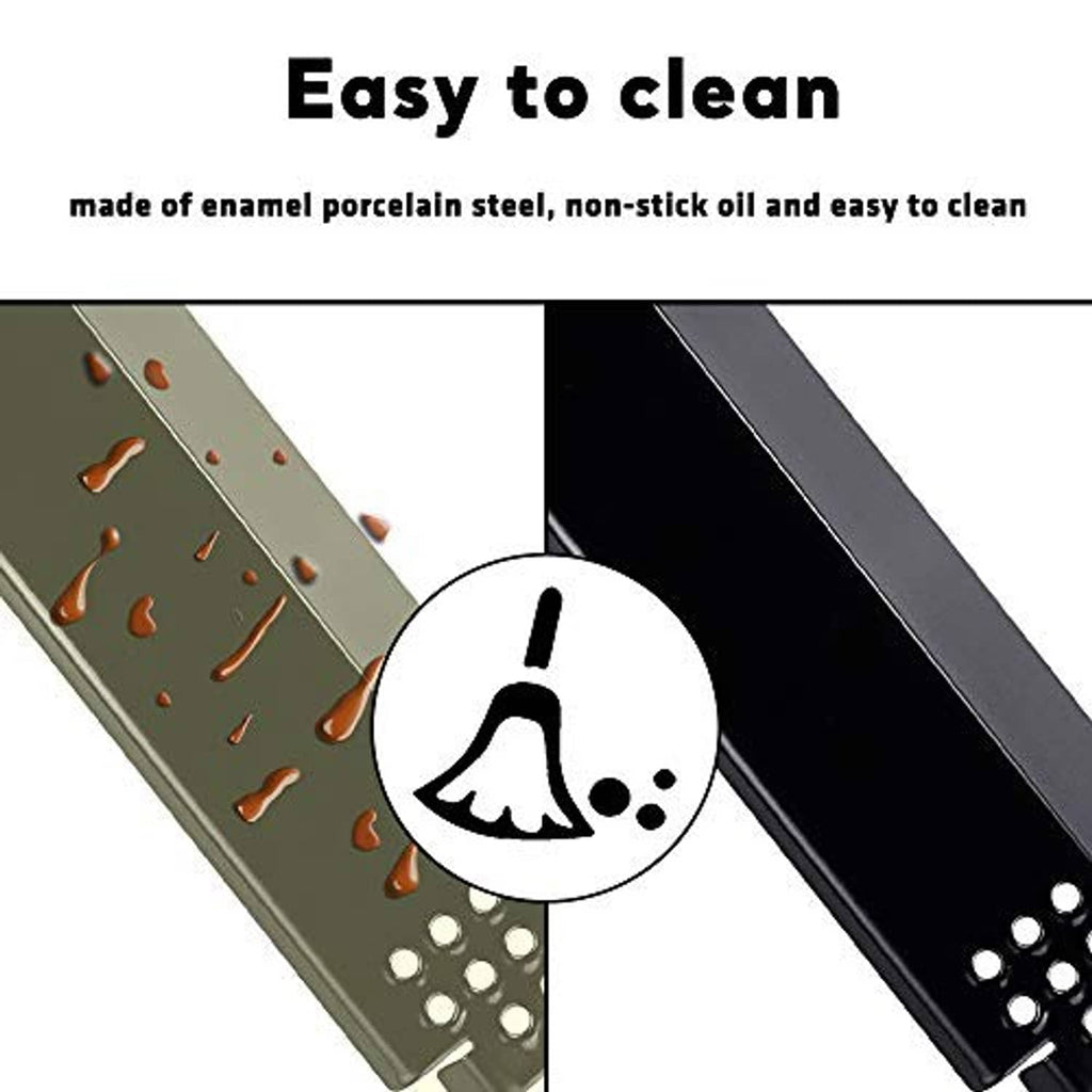 Two black grill heat plates with perforated ends and enamel surface for easy wipe-clean
