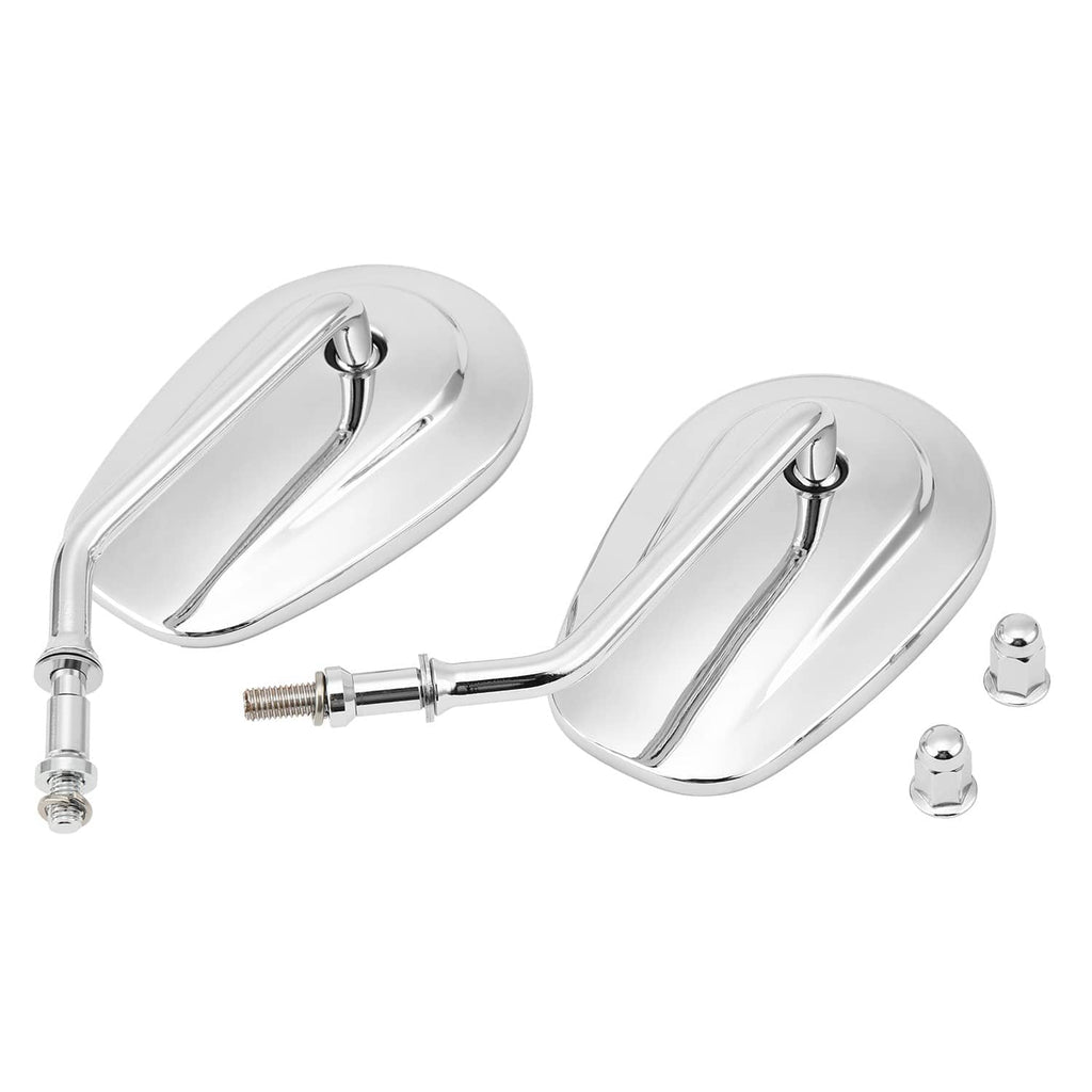 Pair of chrome teardrop rear-view mirrors with oval lenses, stems, and two mounting inserts.
