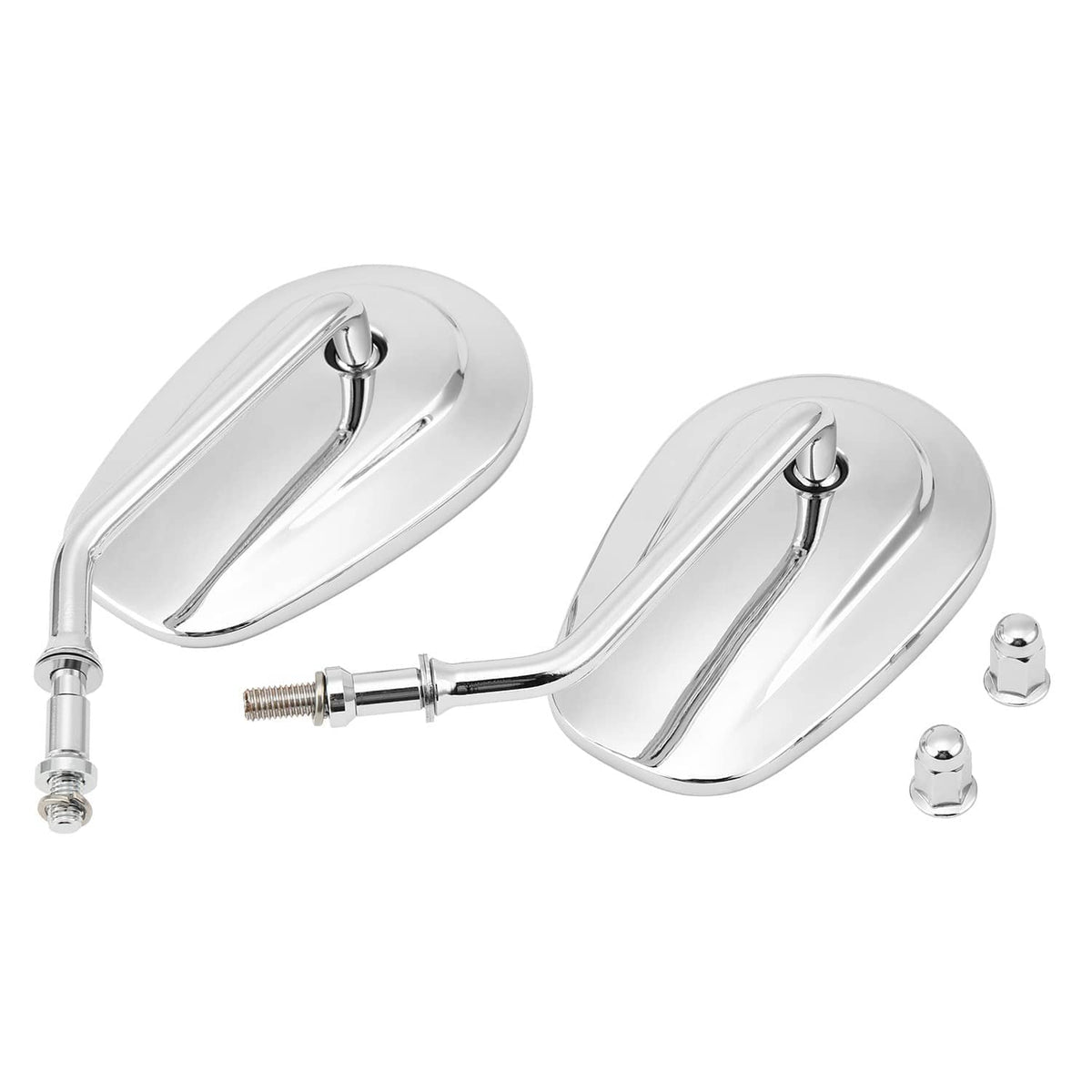 Pair of chrome teardrop rear-view mirrors with oval lenses, stems, and two mounting inserts.
