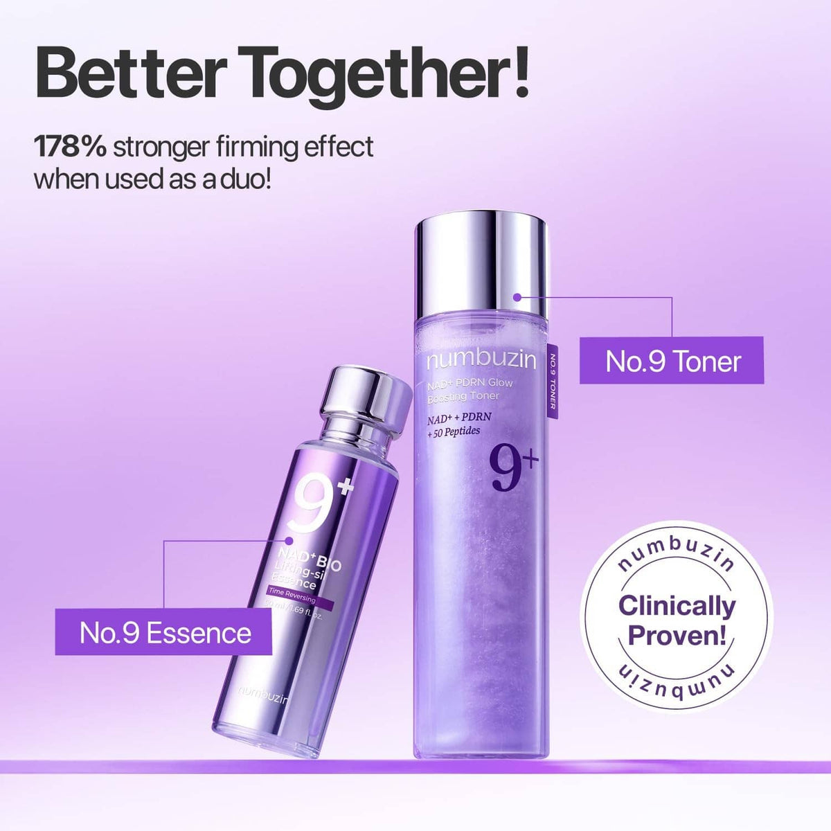 Set of toner bottles with silver caps labeled No.9 and 9+