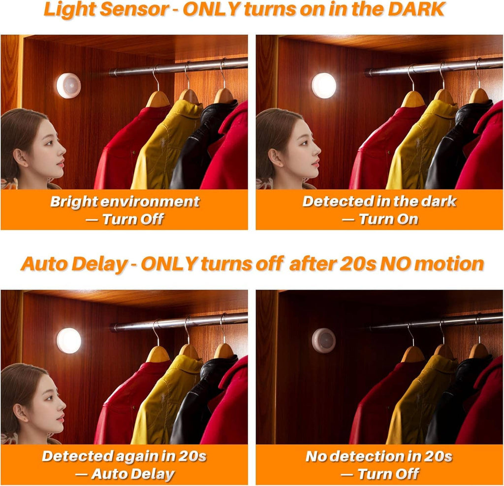 White LED motion sensor puck lights with light on/off behavior shown