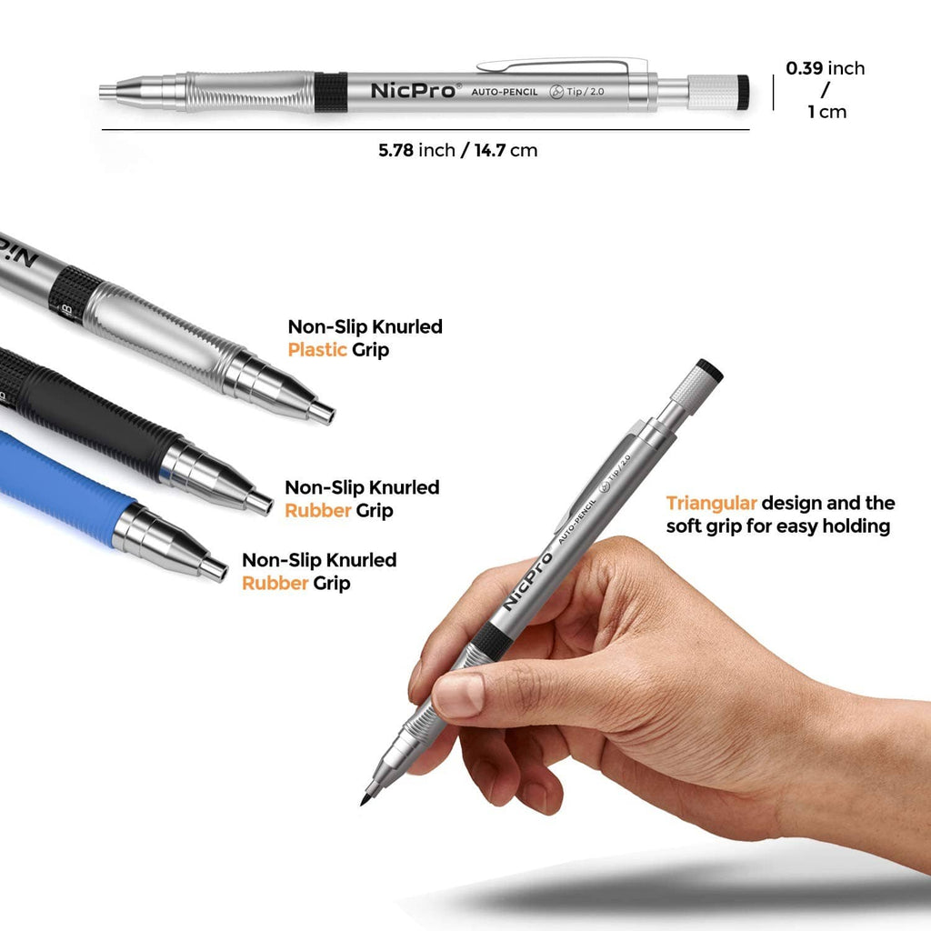 Mechanical pencil with knurled grip, retractable tip, and measured body length markings