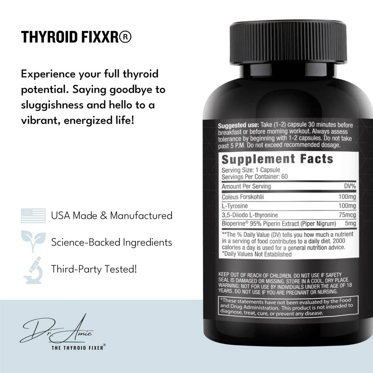 Fixxr Thyroid Fixxr supplement bottle back label with Supplement Facts panel