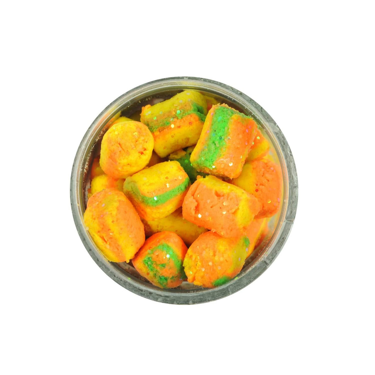 Colorful rainbow trout fishing bait nuggets in clear round container, 1 oz