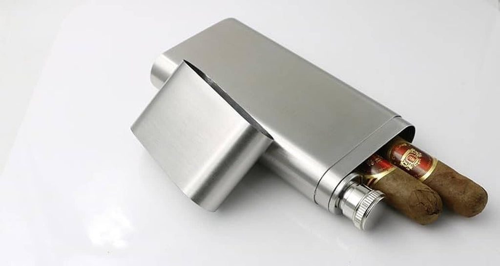 Stainless steel cigar case with hinged lid, flask tube front and cigars inside