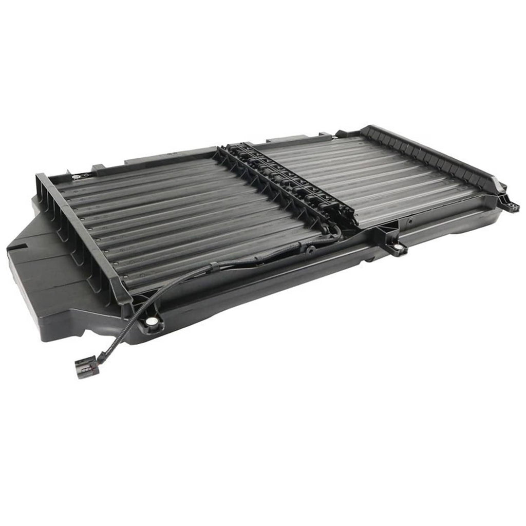 Grille shutter louver assembly angled view with black housing and silver slat section