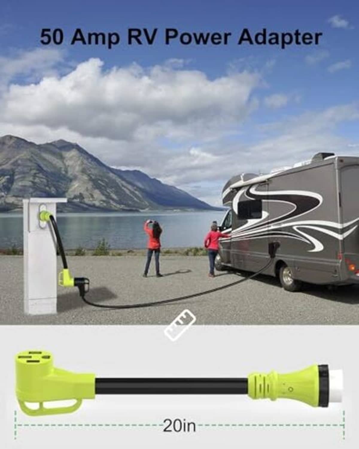 RV power adapter with twist-lock grip handle, green connectors on black cable