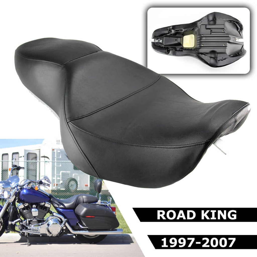 Black motorcycle driver and passenger seat with side contouring and stitched panel lines