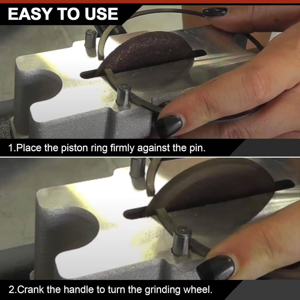 Piston ring grinding filer tool in use, brown abrasive wheel against piston ring