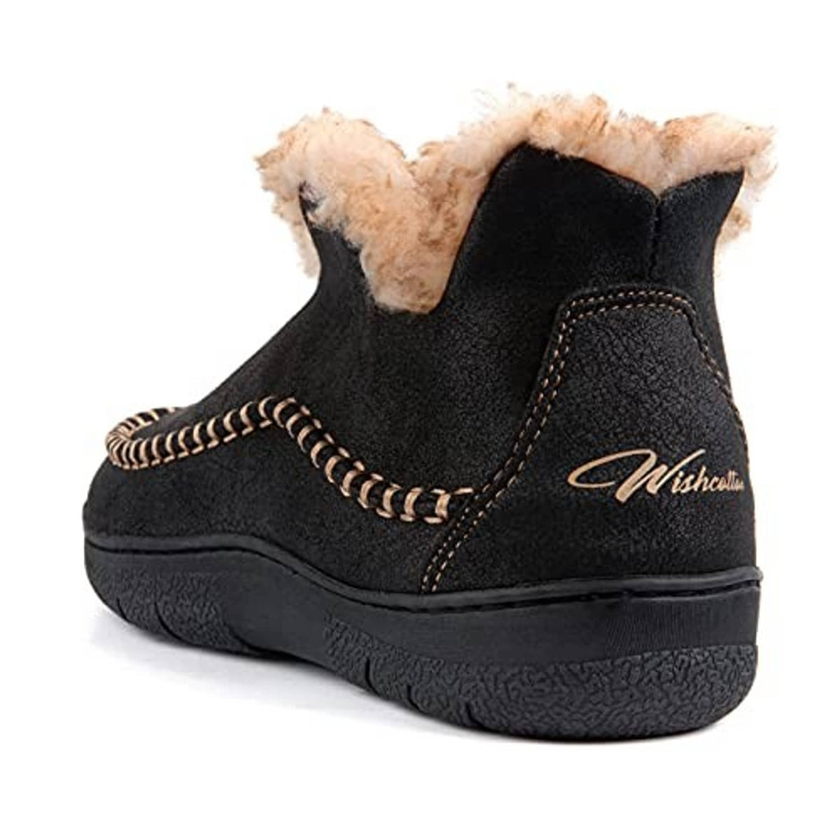 Men’s black moccasin bootie slippers, back view with tan faux-shearling lining