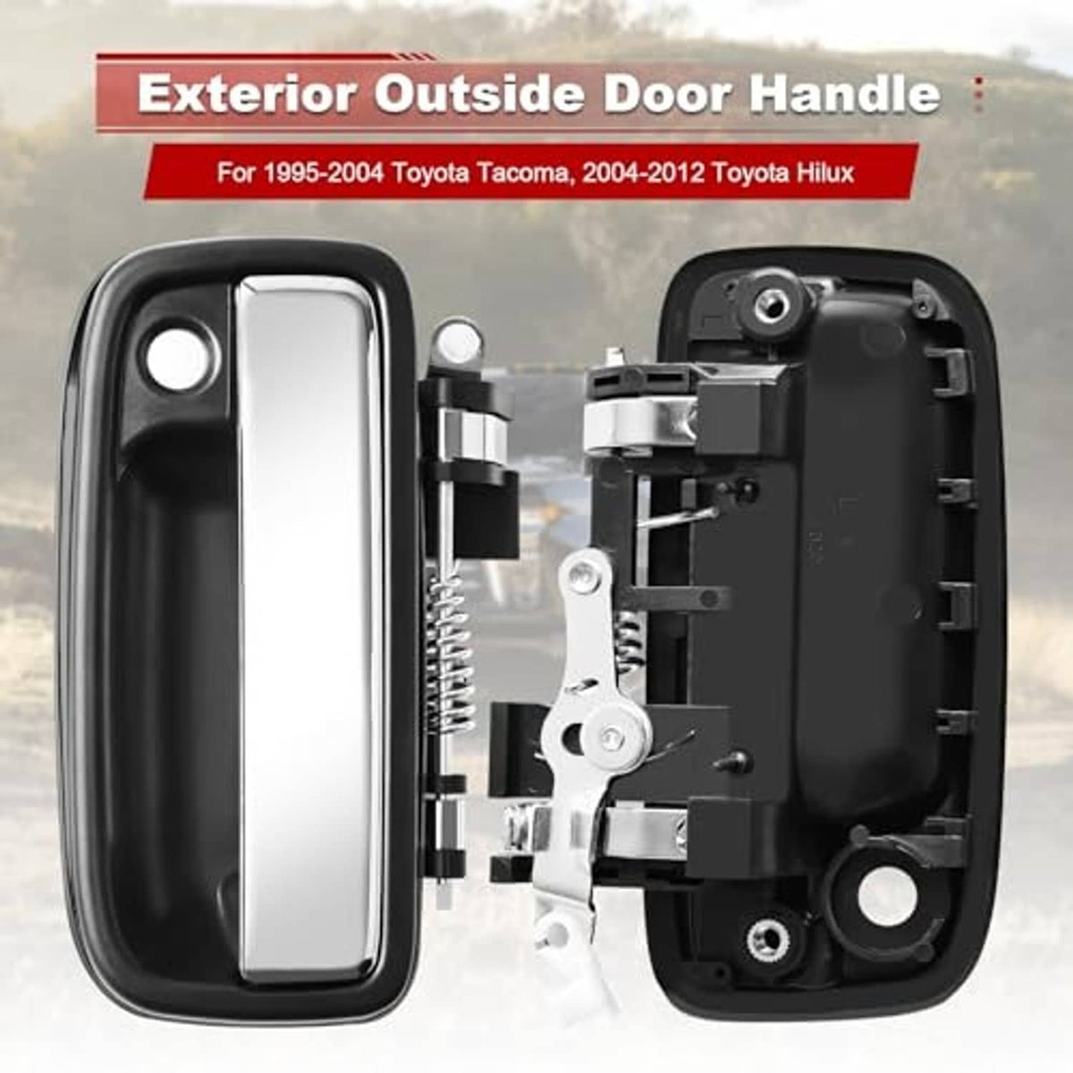 Exterior door handle with exposed latch mechanism, chrome lever on black housing