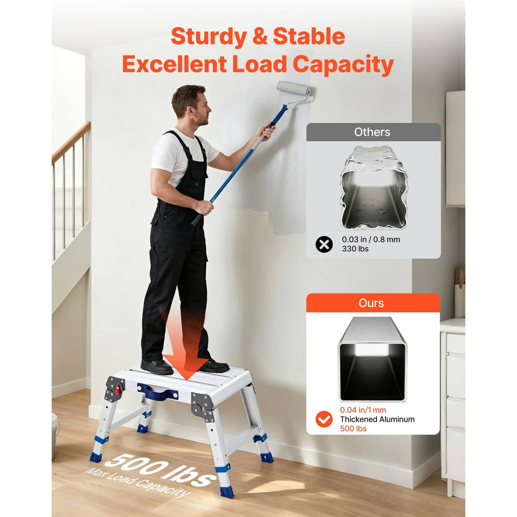 Person using a folding work platform on a floor; blue-and-white adjustable legs