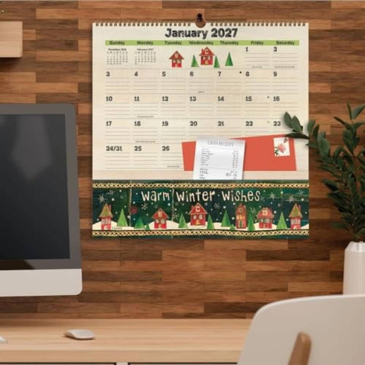 2027 note nook pocket calendar on wall display with “Warm Winter Wishes”