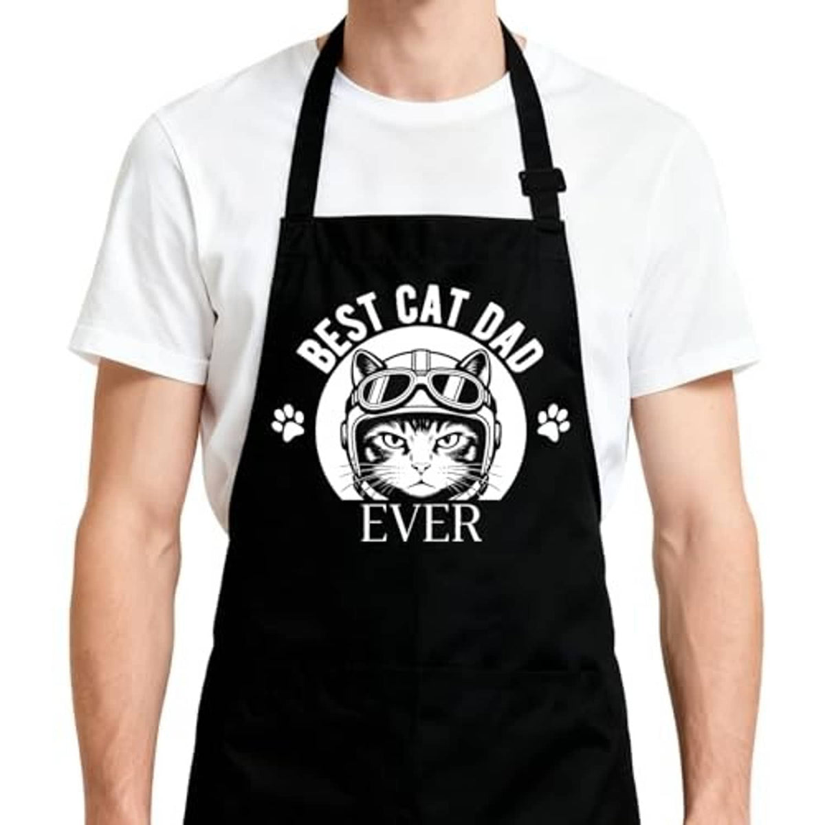 Black kitchen apron front with 'Best Cat Dad Ever' cat design and neck strap.