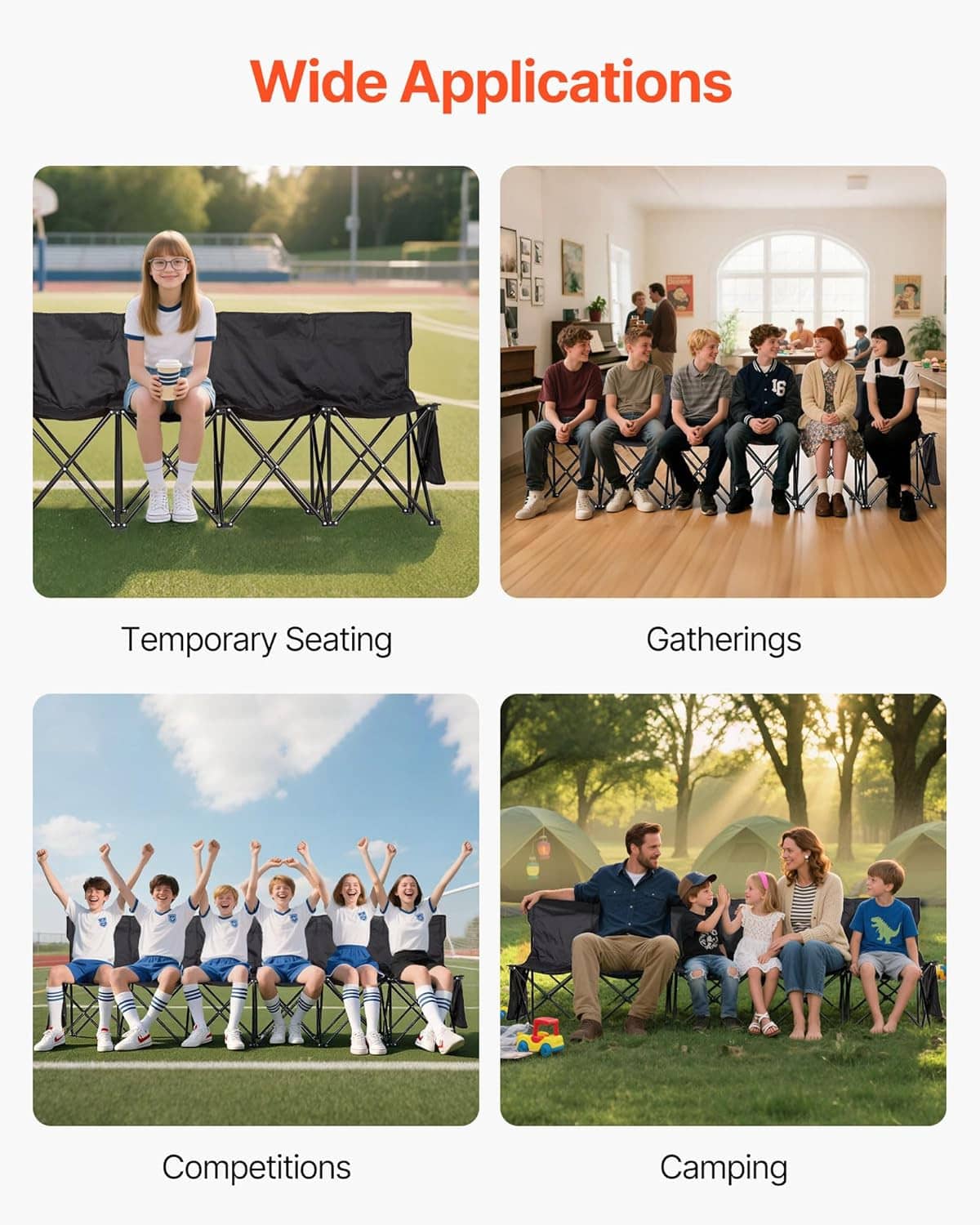 Black folding bench used for temporary seating during gatherings, competitions, and camping