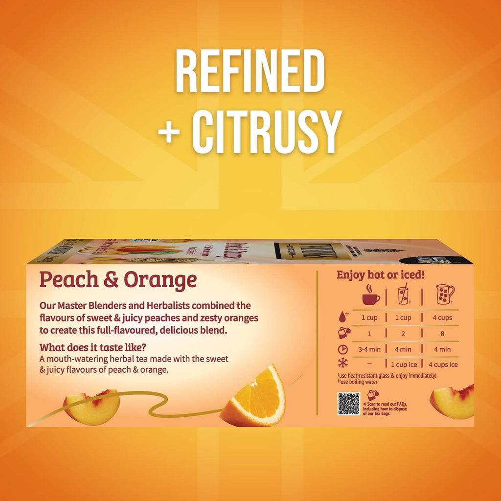 Twinings Peach & Orange herbal tea box with refined citrusy serving info