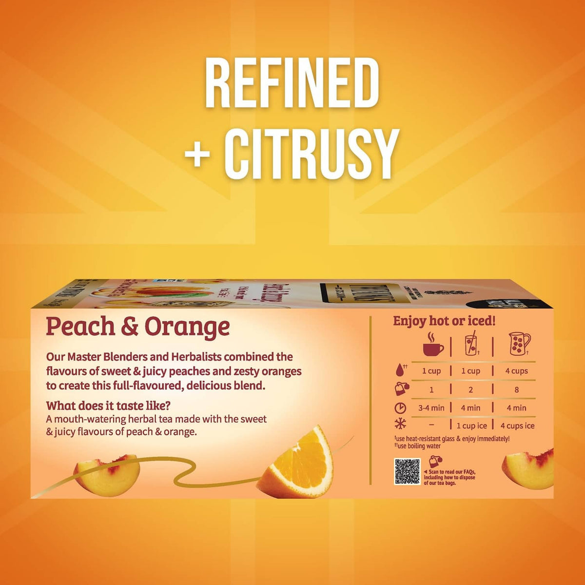 Twinings Peach & Orange herbal tea box with refined citrusy serving info