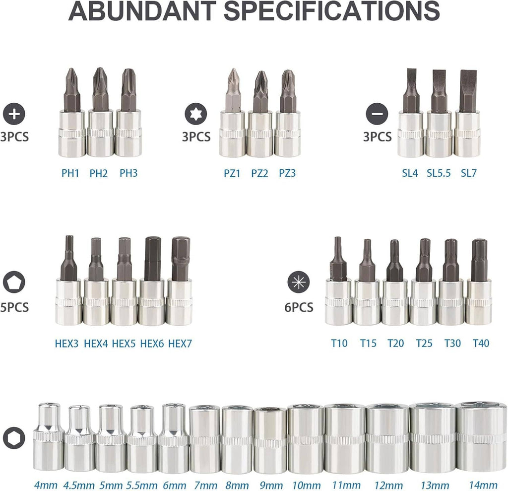 Assorted screwdriver bits and hex socket heads in chrome finishes