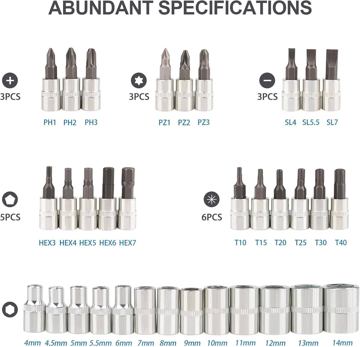 Assorted screwdriver bits and hex socket heads in chrome finishes