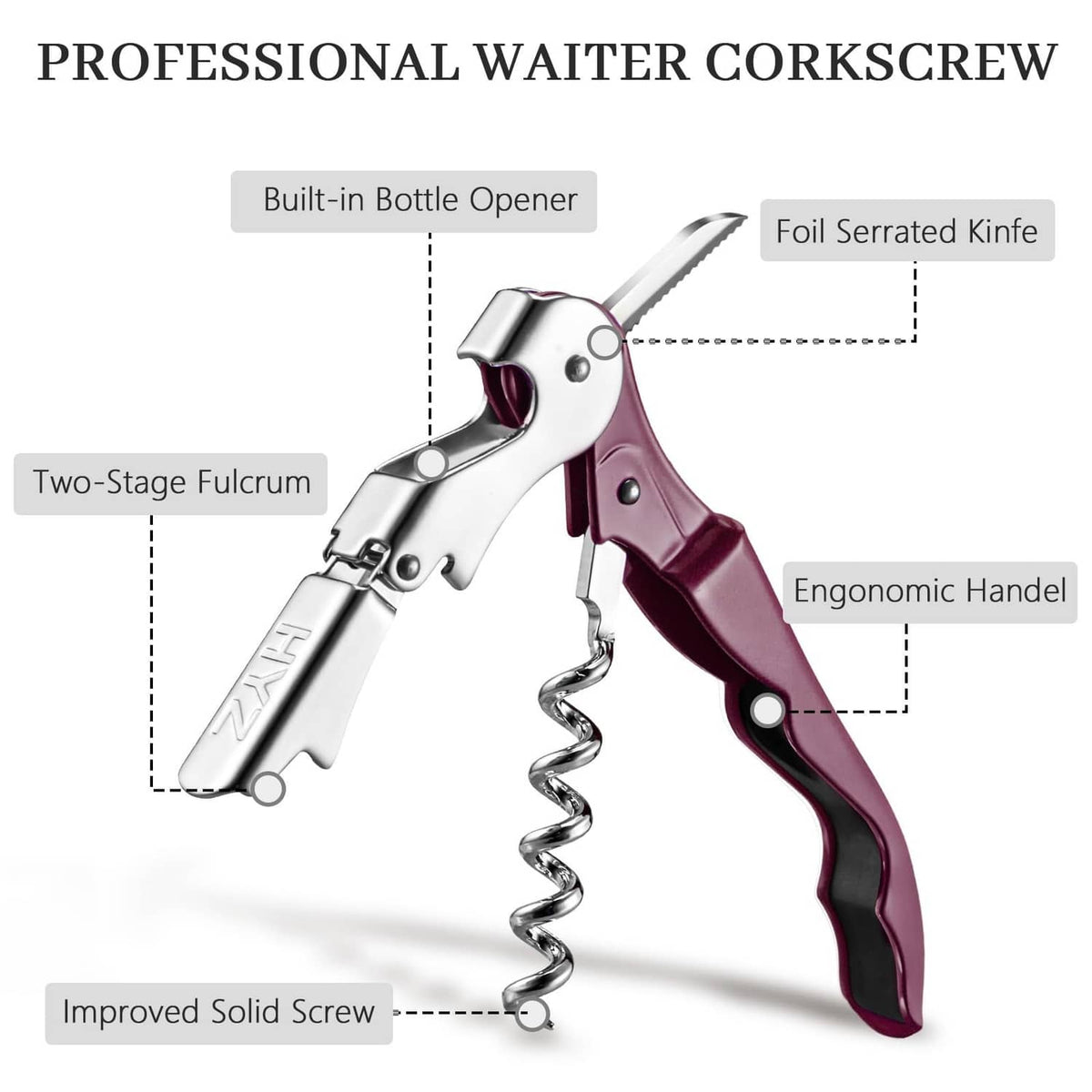 Waiter wine corkscrew with foil knife and built-in bottle opener, ergonomic handle