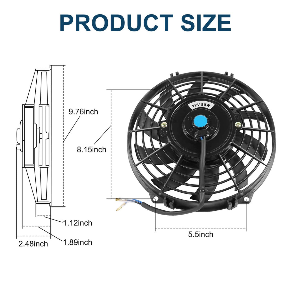 Black 12V radiator fan size view with side profile and blade diameter