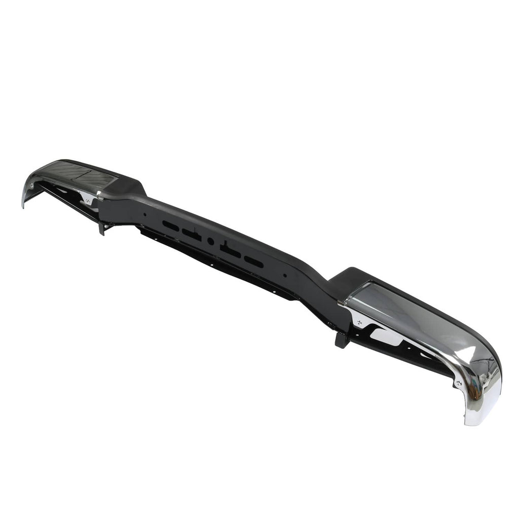 Rear bumper assembly with black brackets and chrome corner guard detail
