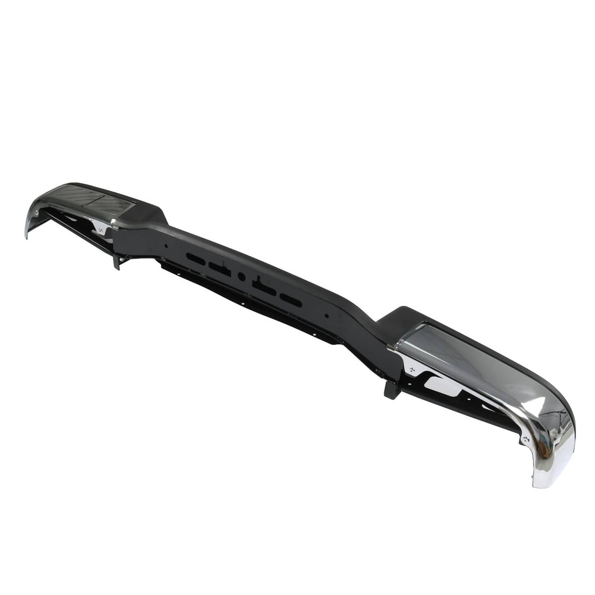 Rear bumper assembly with black brackets and chrome corner guard detail