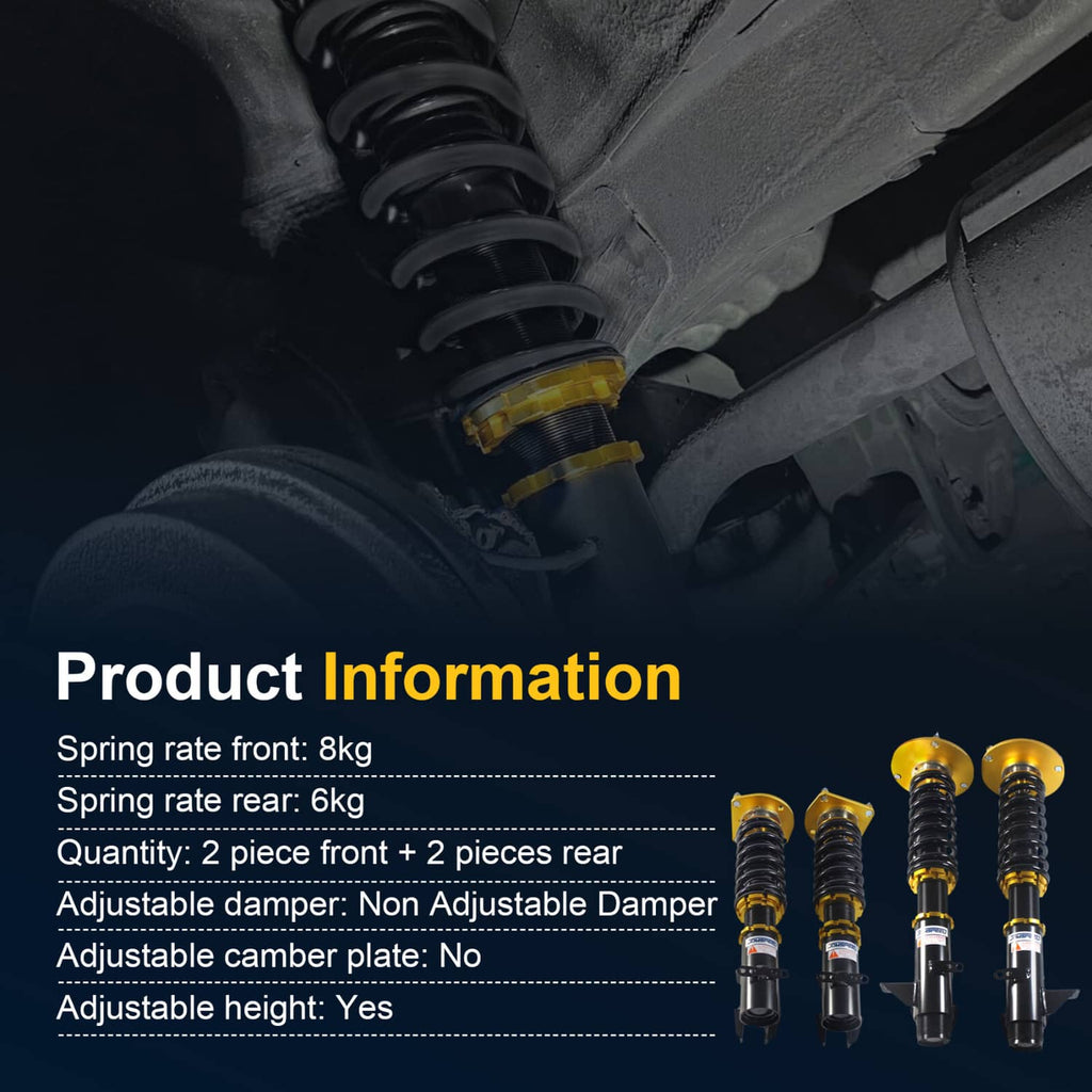 Coilover shock absorber installed in a vehicle front suspension area with black spring