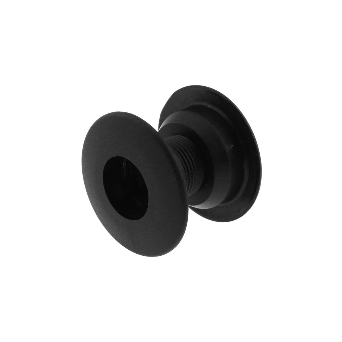 Black foosball rod bushing pair view: round flanges and grooved threaded shaft