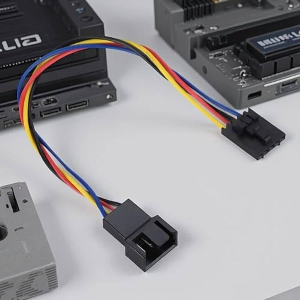 CPU fan conversion adapter cable with multicolor wires and black 5-pin and 4-pin plugs