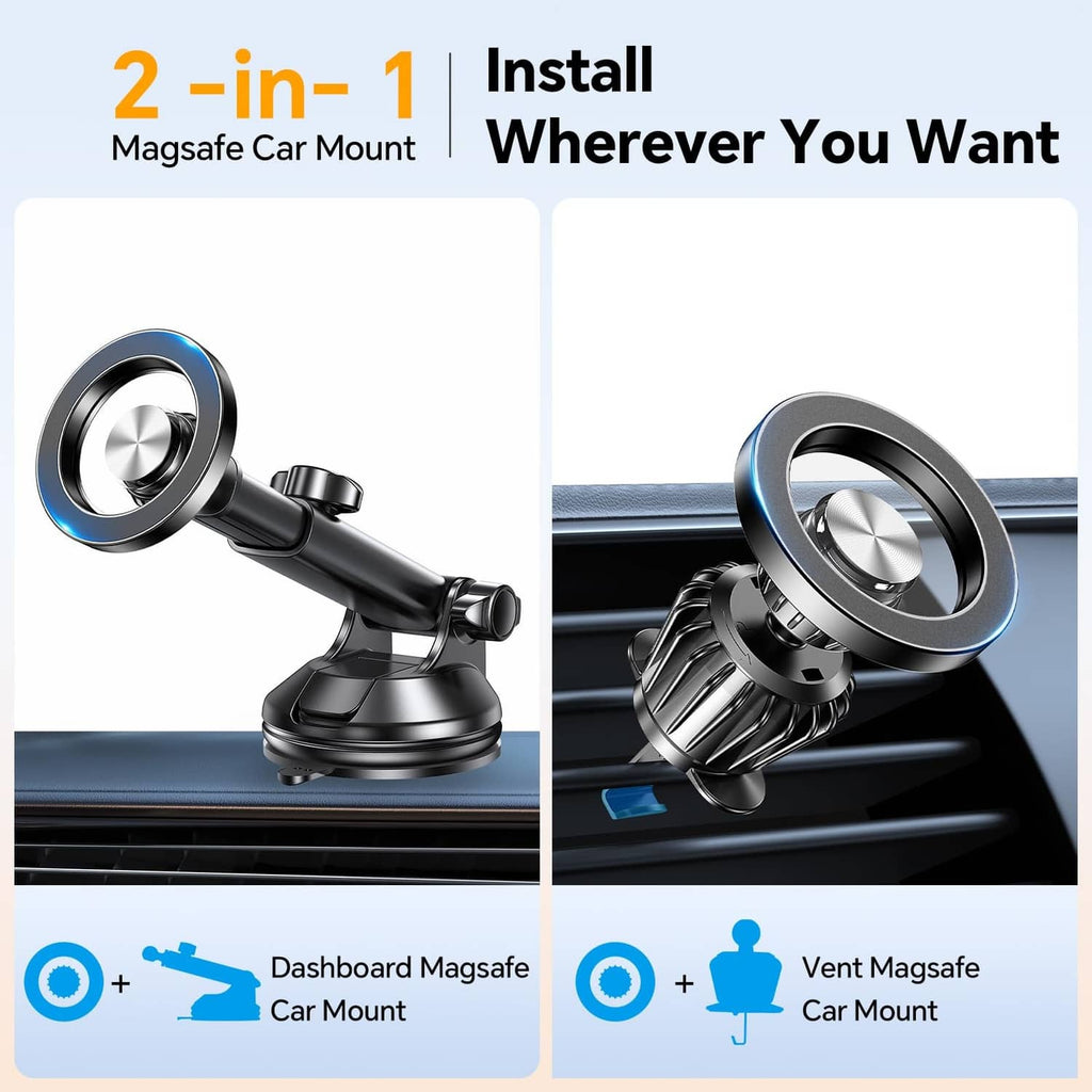 Black MagSafe car mount featuring dashboard suction base and vent clip