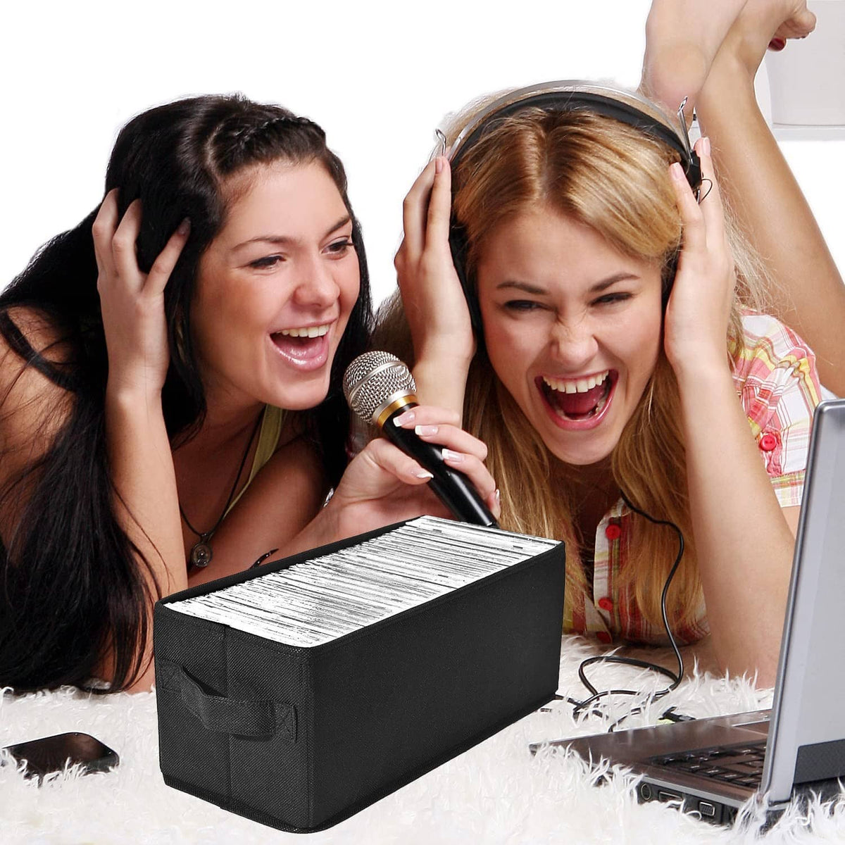 Black fabric CD storage box with open top and side carry handle