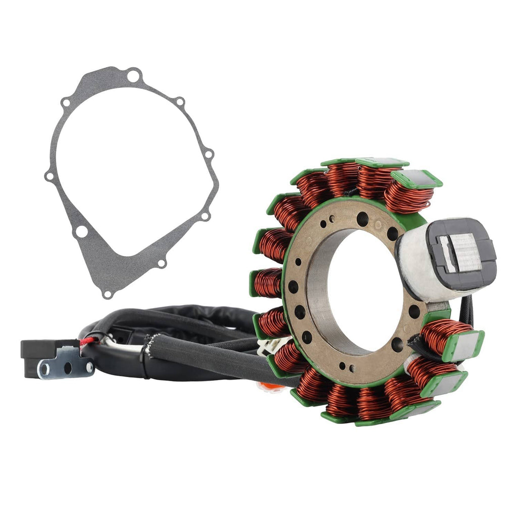 Stator coil ring with wiring harness and engine cover gasket, side view set