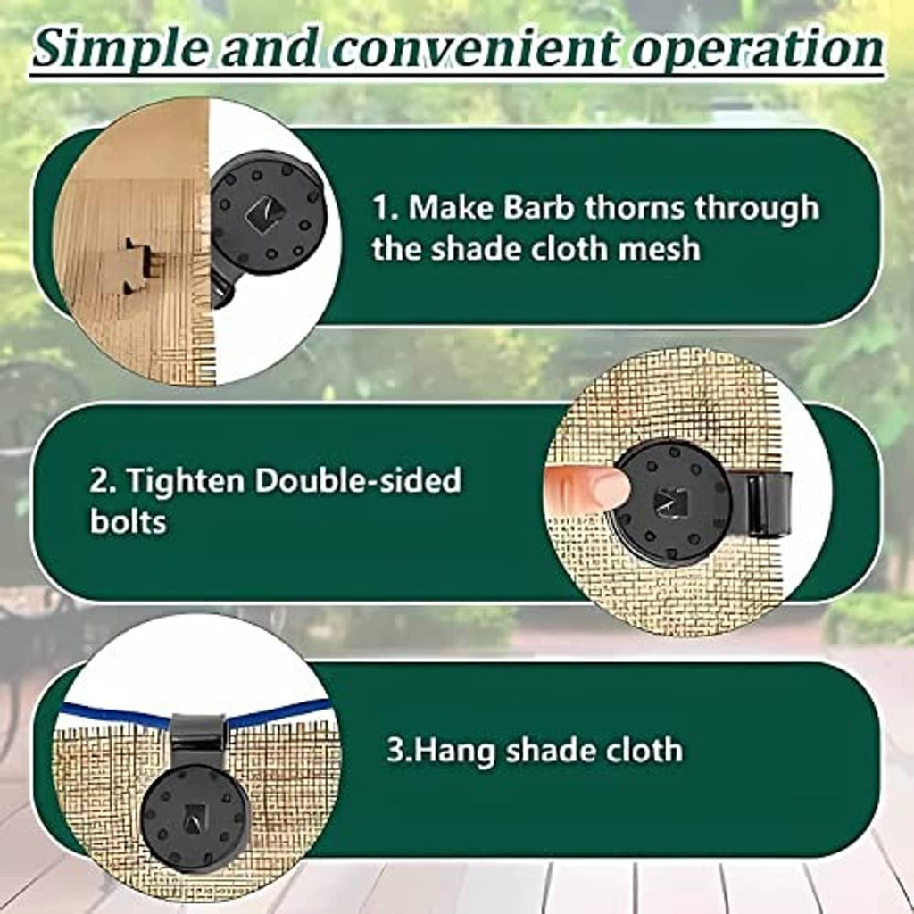 Shade cloth clip, black barbed bolt attached to beige mesh shade cloth