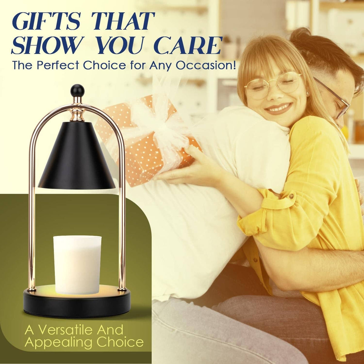 Candle warmer lamp with black shade and arched metal frame, with a lit candle