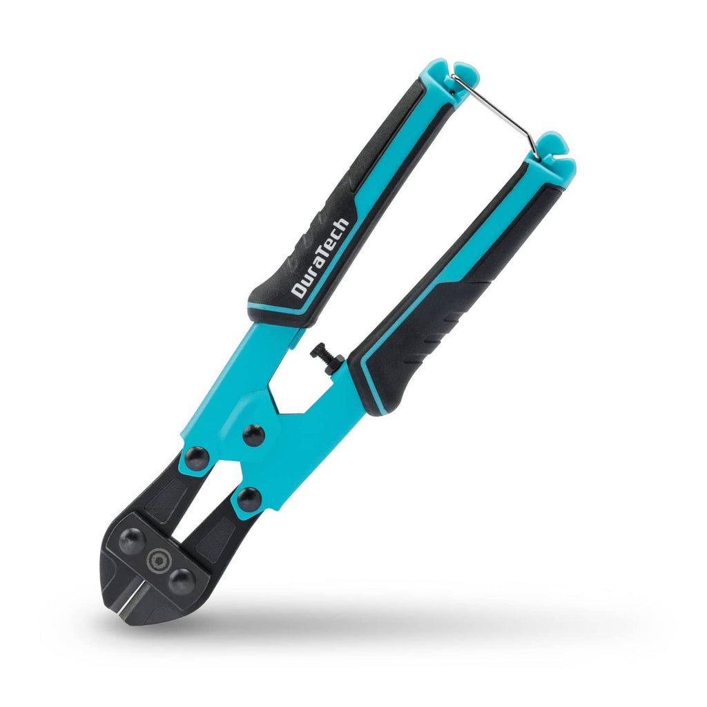 Mini bolt cutter with turquoise bi-material ergonomic handle and black cutting jaws