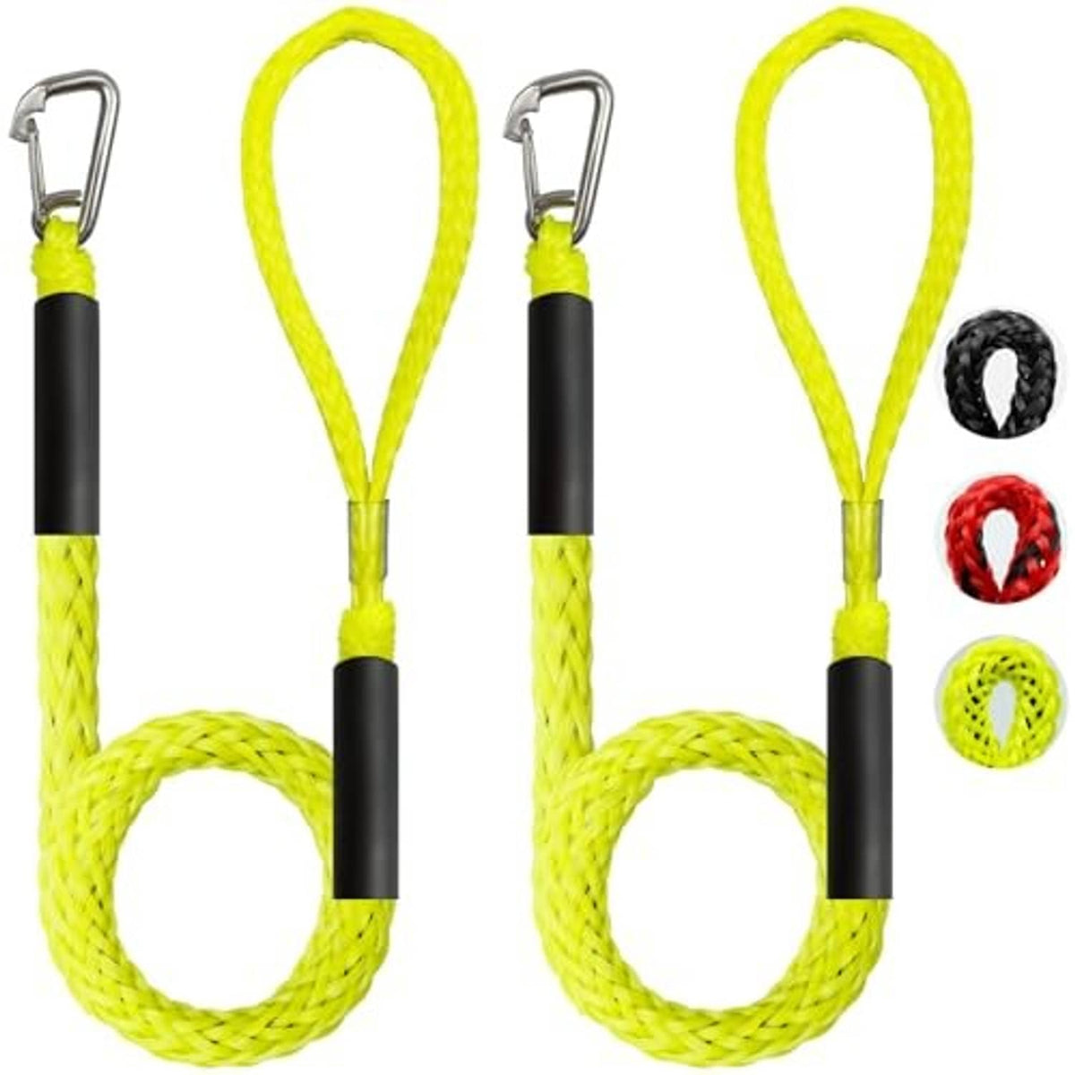 Neon yellow bungee docking lines with stainless clips and spare loops in red, black
