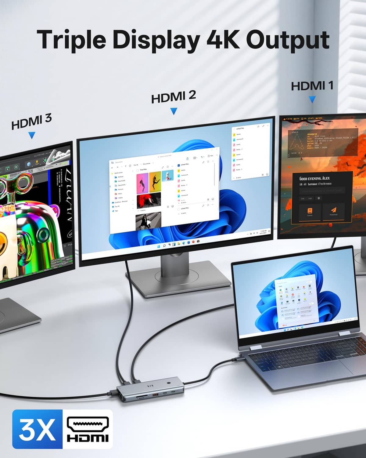 Space gray docking station connected for triple HDMI 4K display output