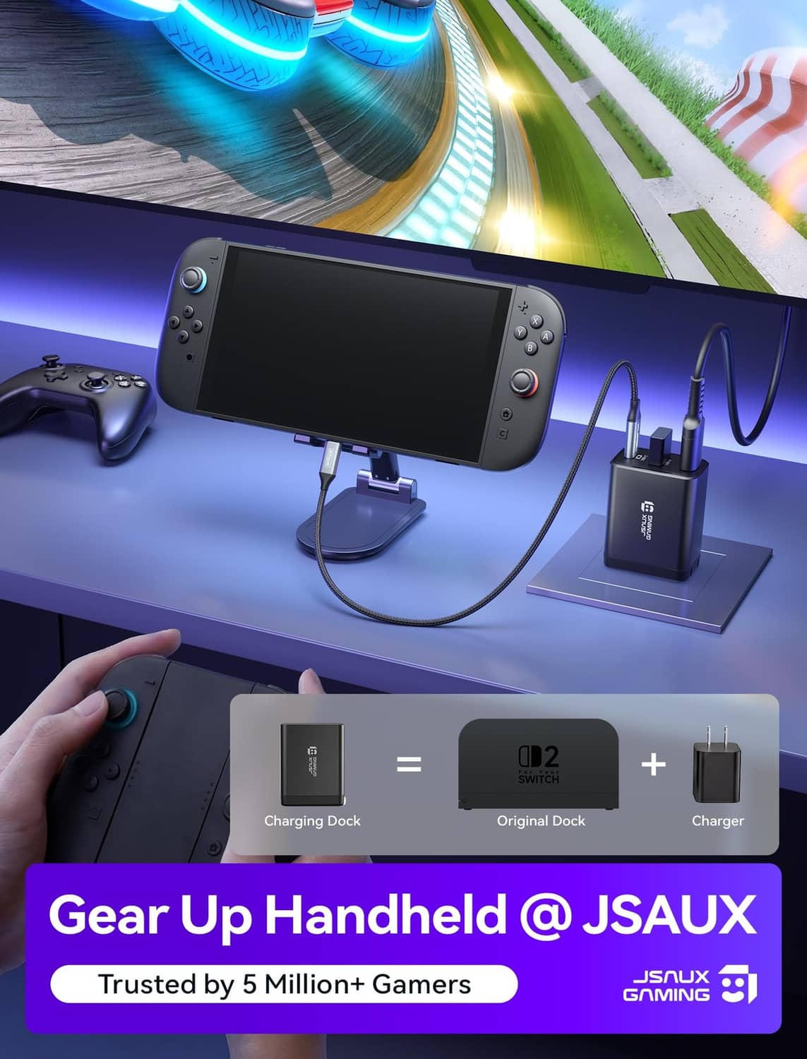 Black portable USB-C dock with HDMI output and charging cable, compact power hub