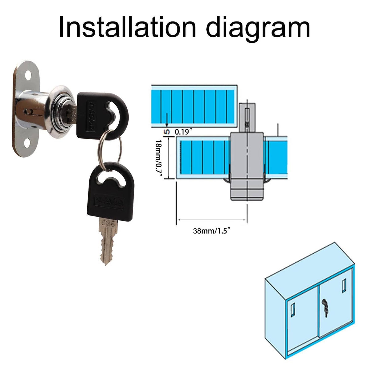 Push plunger drawer lock with keys and installation size diagram