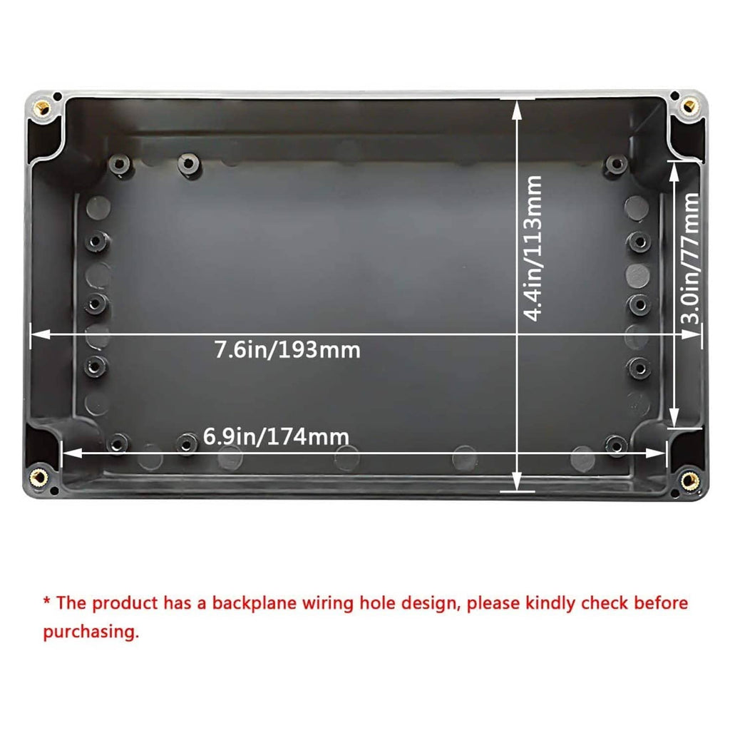 Black ABS electrical enclosure base with mounting holes and backplane wiring channel