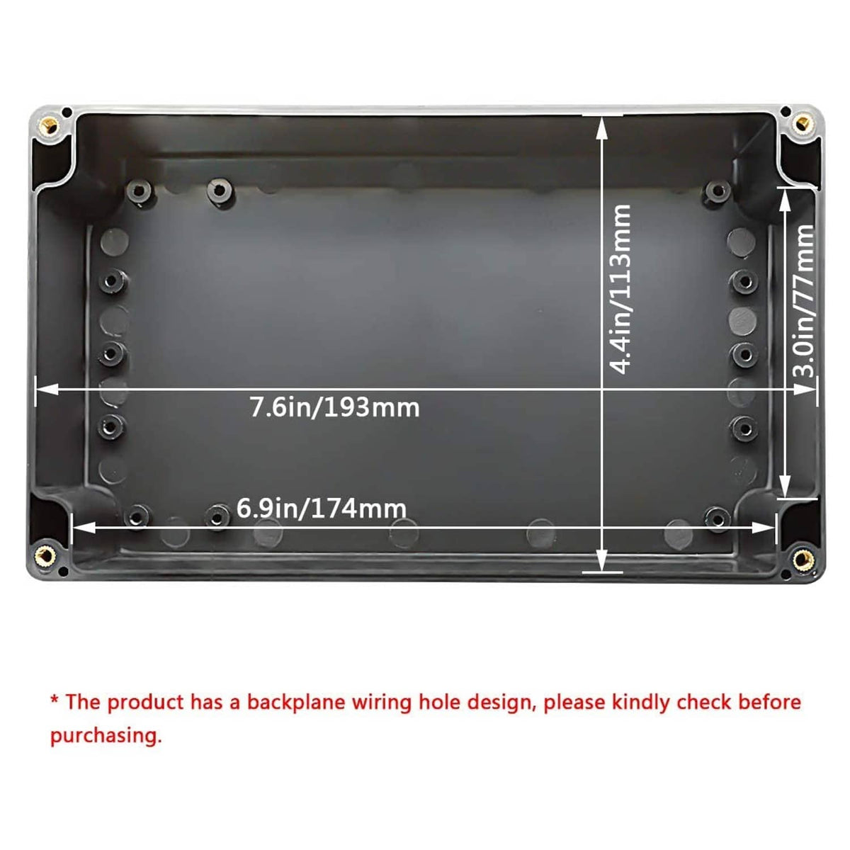 Black ABS electrical enclosure base with mounting holes and backplane wiring channel