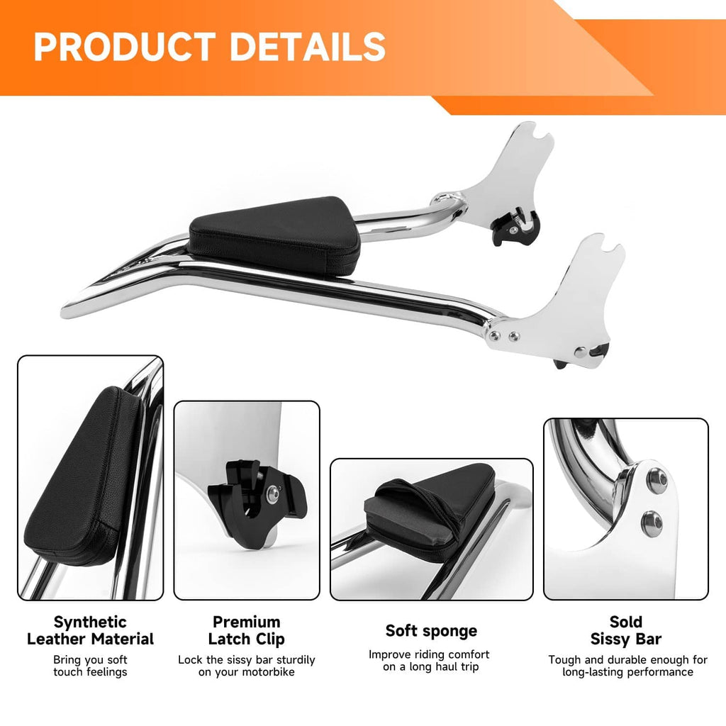 Chrome passenger backrest sissy bar with black pad and mounting plate